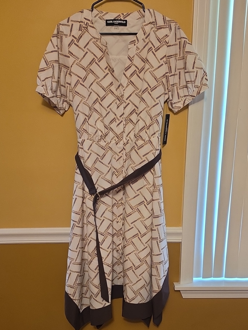 Karl Lagerfeld White Dress with Brown Logo-Print and Brown Trim